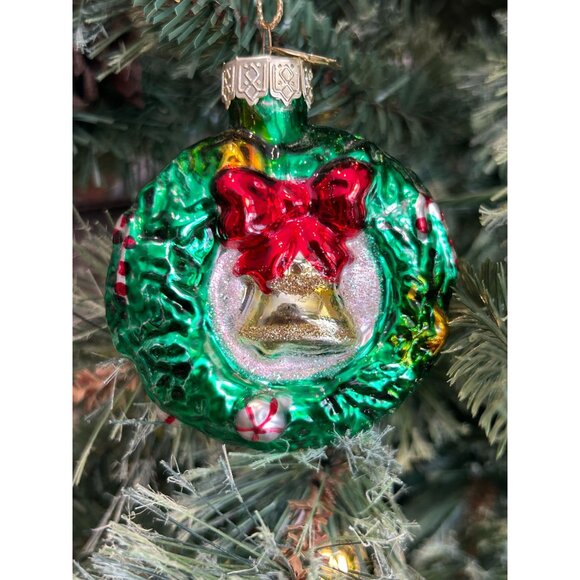 Vintage Thomas Pacconi Hand Blown Glass Wreath Ornament With Bow & Bell Holiday - Picture 6 of 6